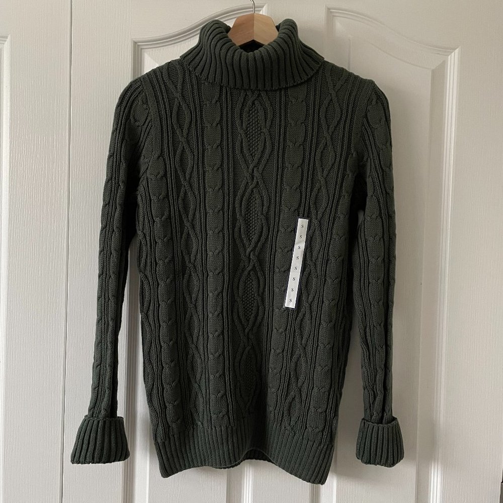 NWT Croft & Barrow Turtleneck Sweater  Green Cable Knit Top Long Sleeve Size S